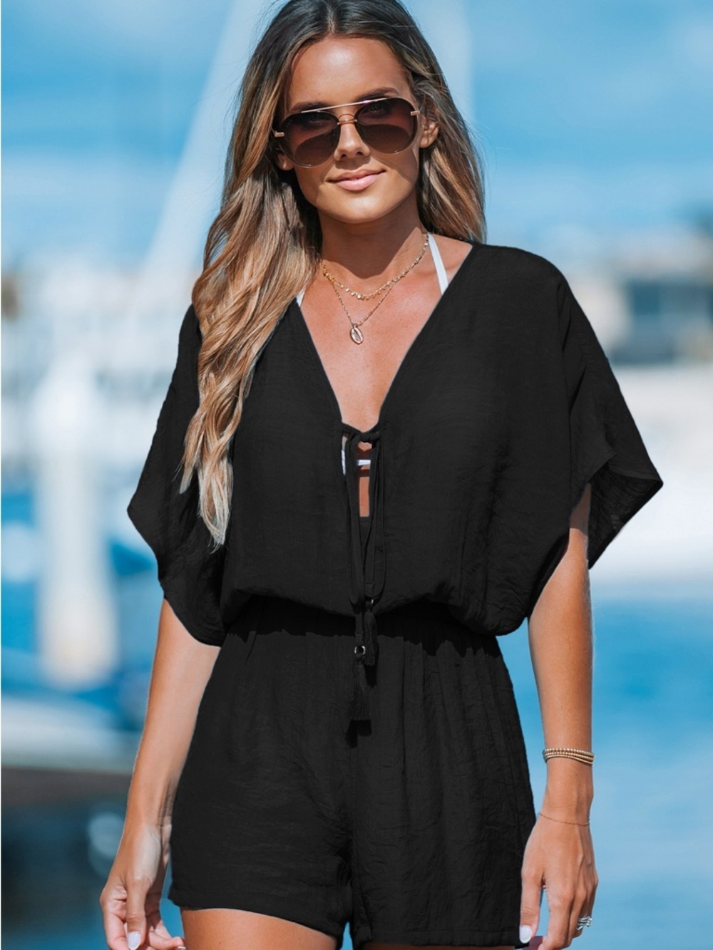 Black Back Plunging Tassel Tie Swim Cover-Up Romper by CUPSHE